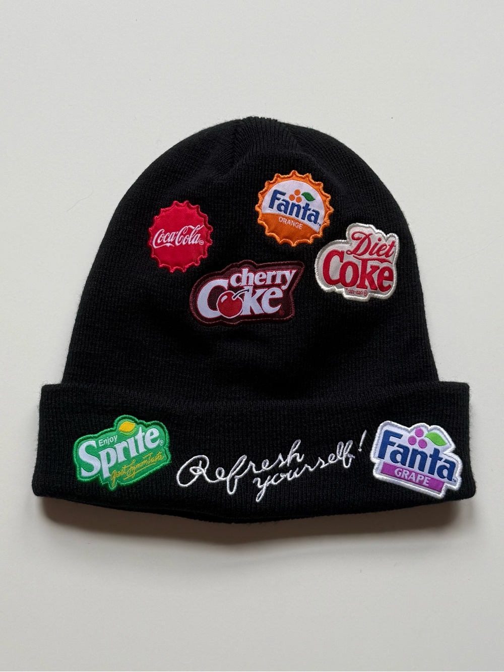 Coca Cola Multi Brands Soda Patches Black Knit Cuff Beanie